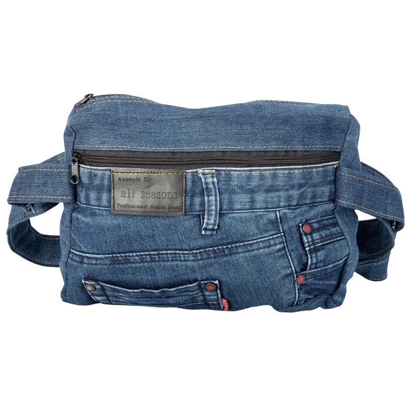 RECYCLED JEAN FANNY PACK WITH OUTSIDE POCKET