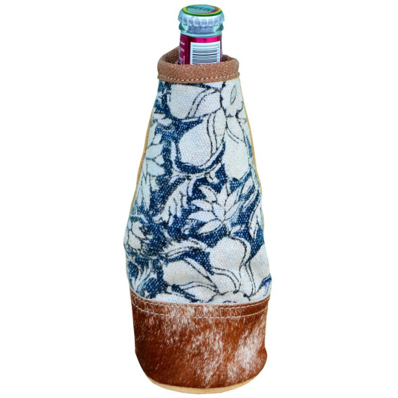 BLUE CANVAS & FLOWERS & FUR BOTTLE SLEEVE