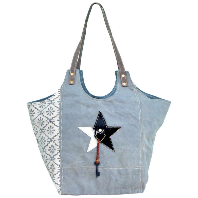 BLUE CANVAS WITH FUR STAR TOTE