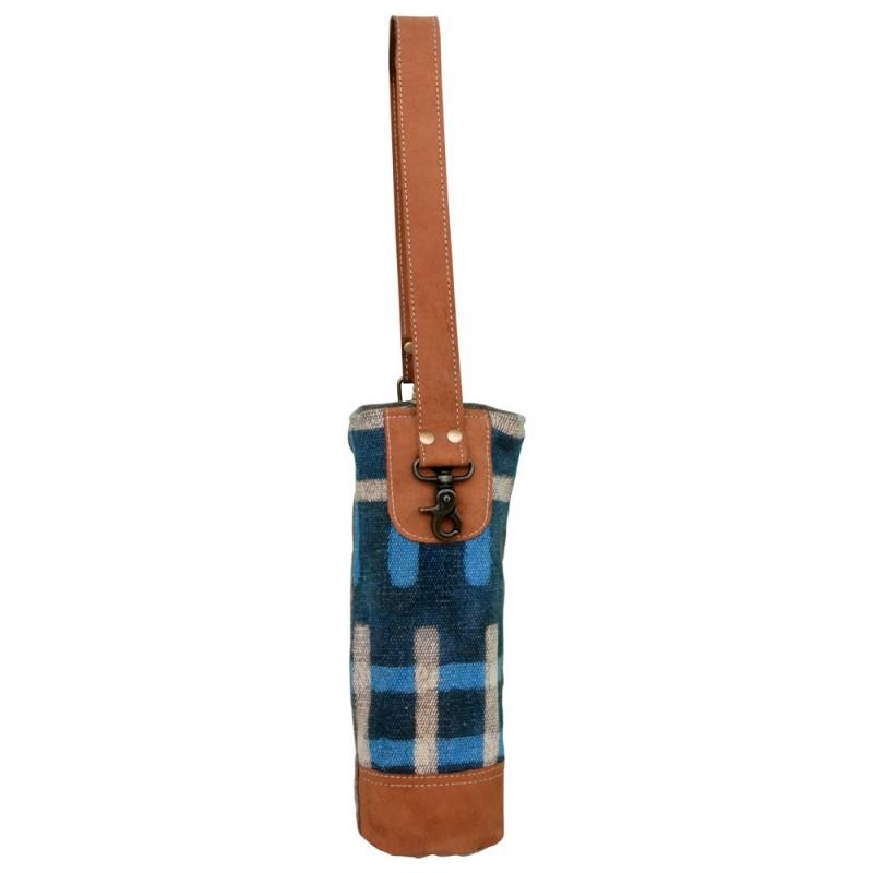 BLUE PLAID WINE BAG WITH LEATHER TRIM