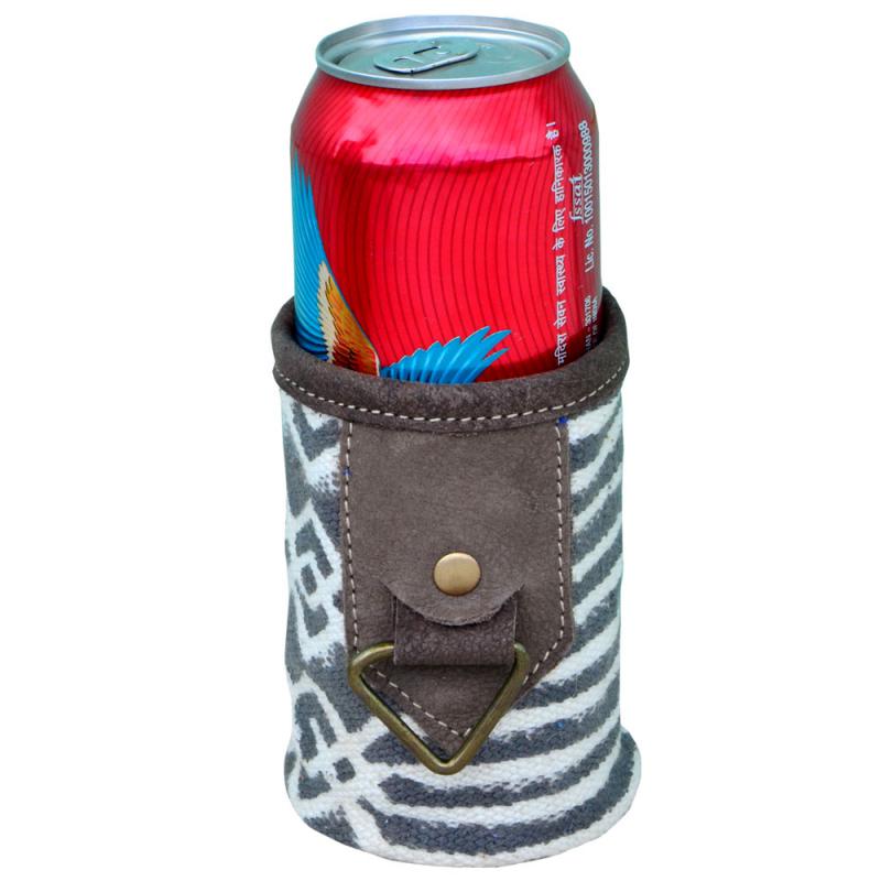 RECYCLED FABRIC STRIPES & LEATHER CAN SLEEVE