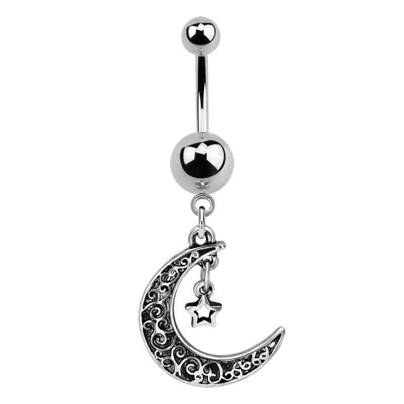 SURGICAL STEEL BELLY BANANA WITH MOON DANGLE