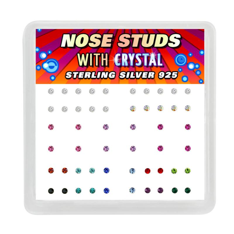 52 PIECE DISPLAY - SILVER NOSE STUDS WITH COLORED CRYSTALS