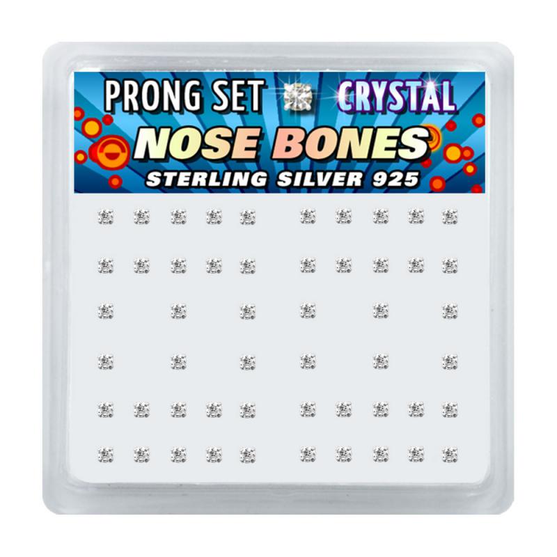 52 PIECE DISPLAY - SILVER NOSE BONES WITH PRONG SET CLEAR CRYSTALS