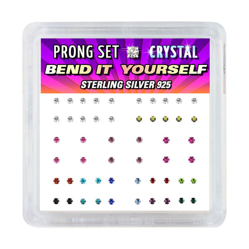 52 PIECE DISPLAY - SILVER BEND IT YOURSELF WITH PRONG SET COLORED CRYSTALS