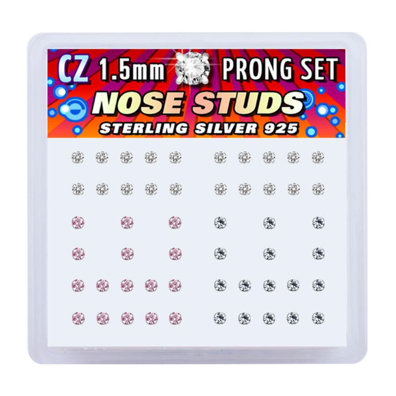 52 PIECE DISPLAY - SILVER NOSE STUDS WITH PRONG SET COLORED CZ STONES