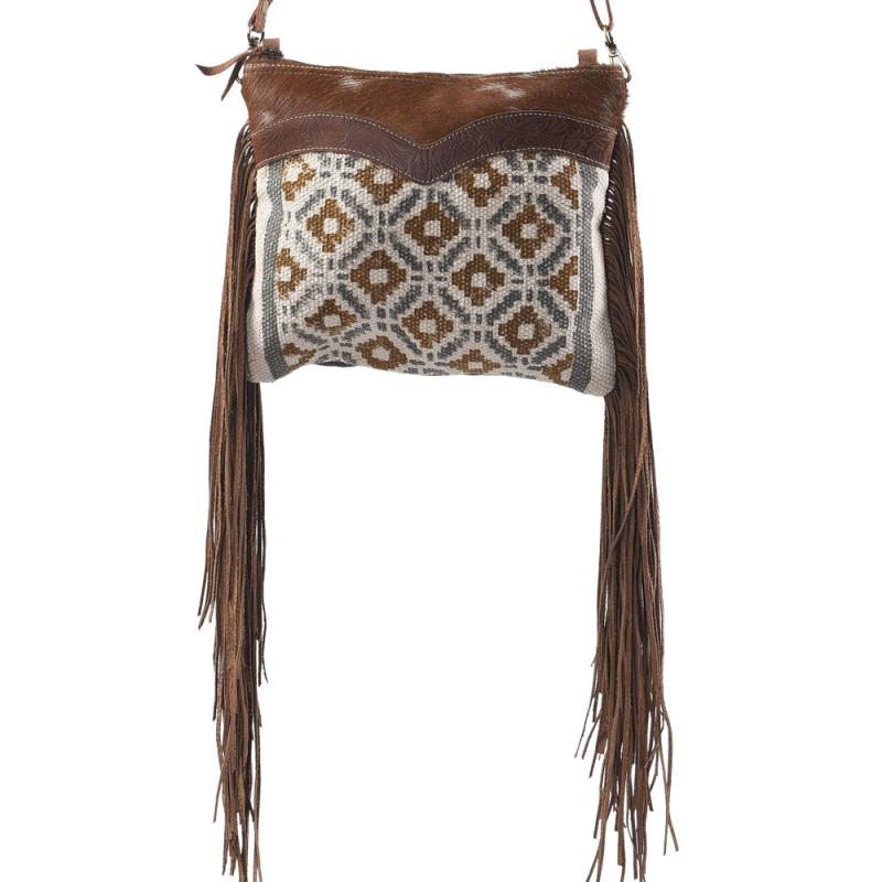 BROWN AND BLUE CROSSBODY WITH FRINGE FUR CANVAS AND ZIPPER CLOSURE