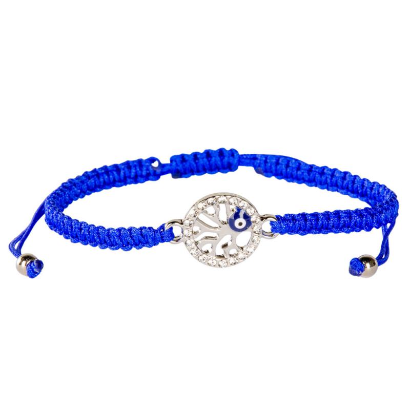 BLUE ADJUSTABLE EVIL EYE BRACELET WITH ROUND PENDANT AND RHINESTONES