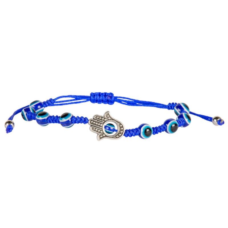 BLUE CORD ADJUSTABLE EVIL EYE BRACELET WITH HAMSA CHARM