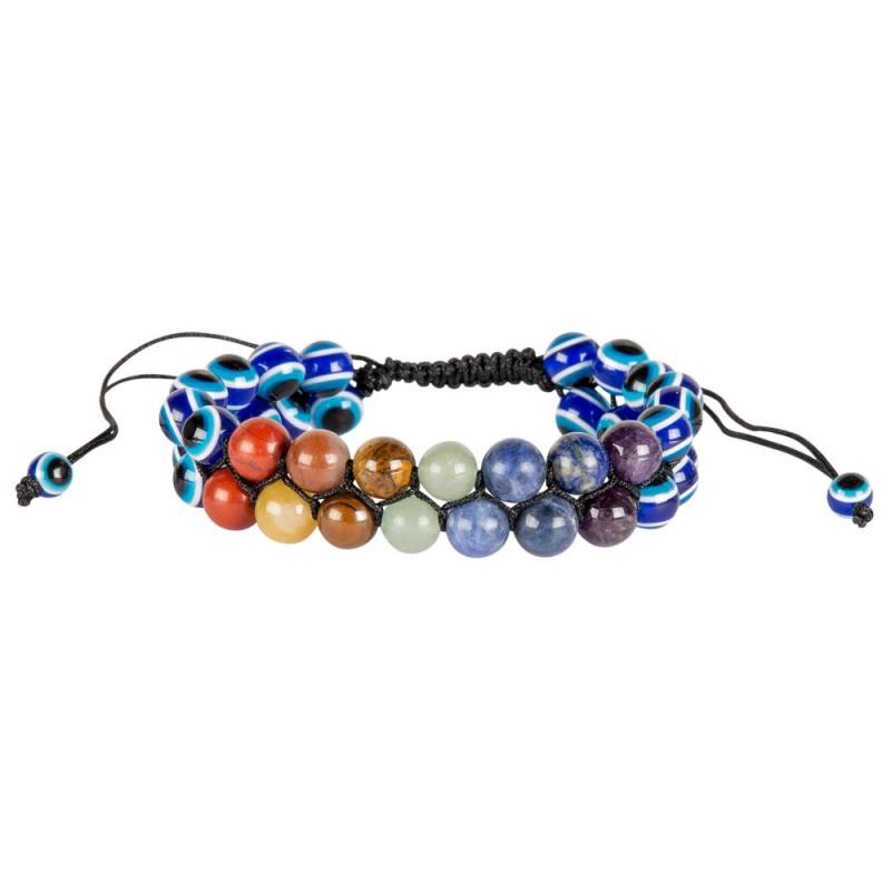 TWO LAYER CHAKRA BEAD EVIL EYE ADJUSTABLE BRACELET