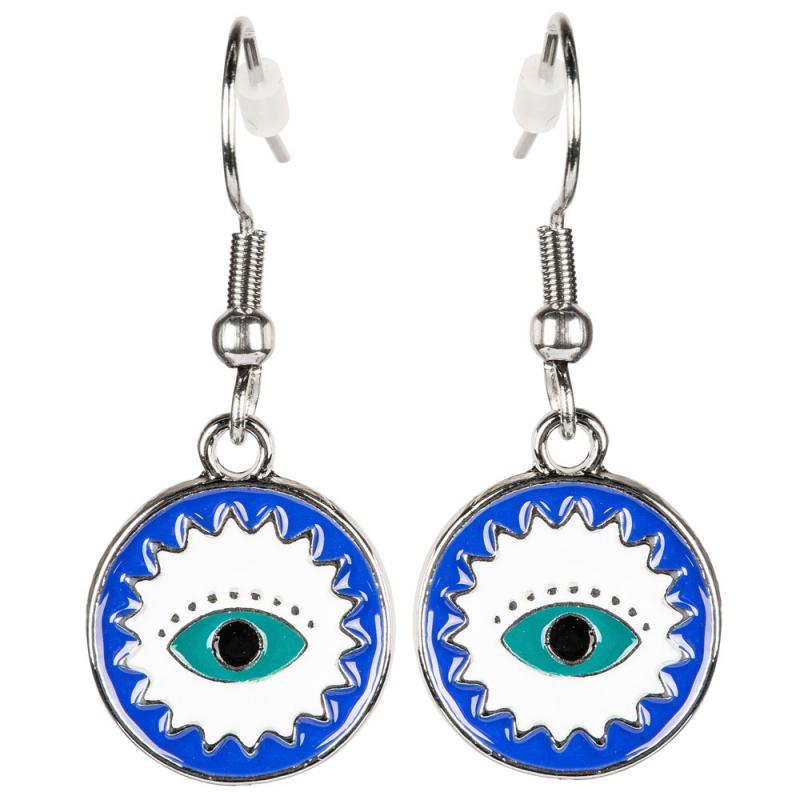 ROUND BLUE EVIL EYE EARRINGS WITH SILVER FINISH