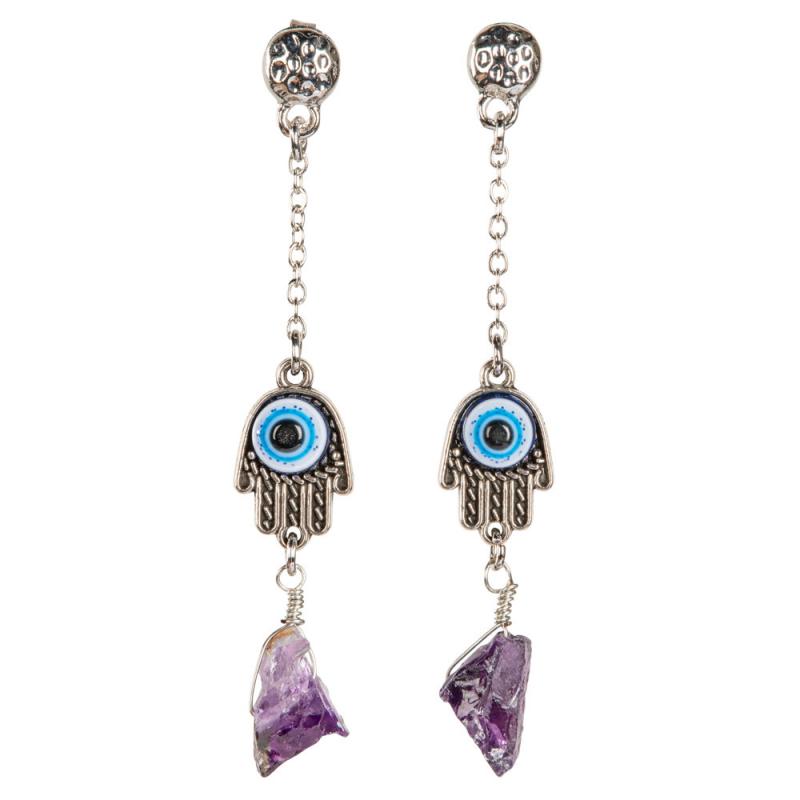 EVIL EYE HAND WITH ROUGH STONE EARRINGS