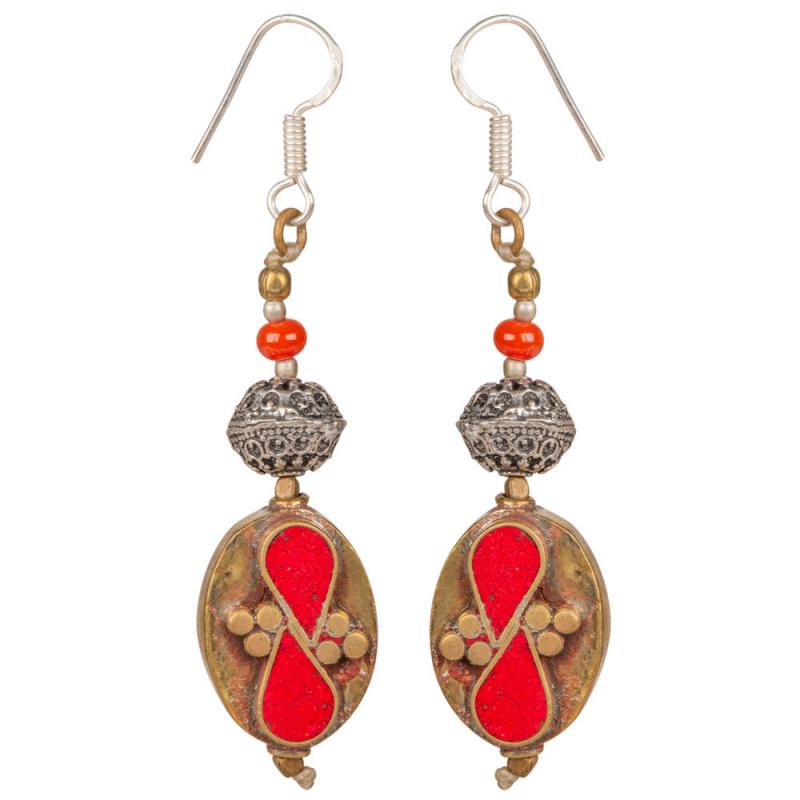 CORAL OVAL BRASS INLAID NEPALI EARRINGS (TEAR DROP)