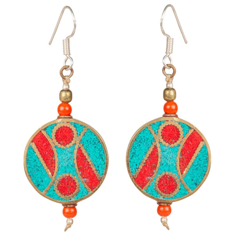 CORAL/TQ ROUND BRASS INLAID NEPALI EARRINGS