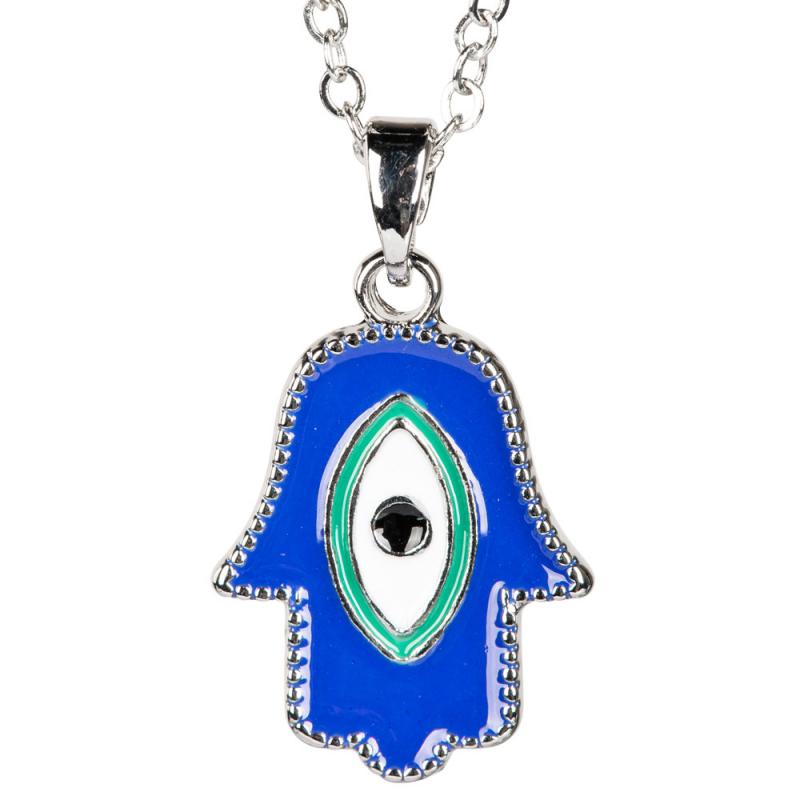 SILVER NECKLACE WITH STUDDED EVIL EYE HAMSA CHARM