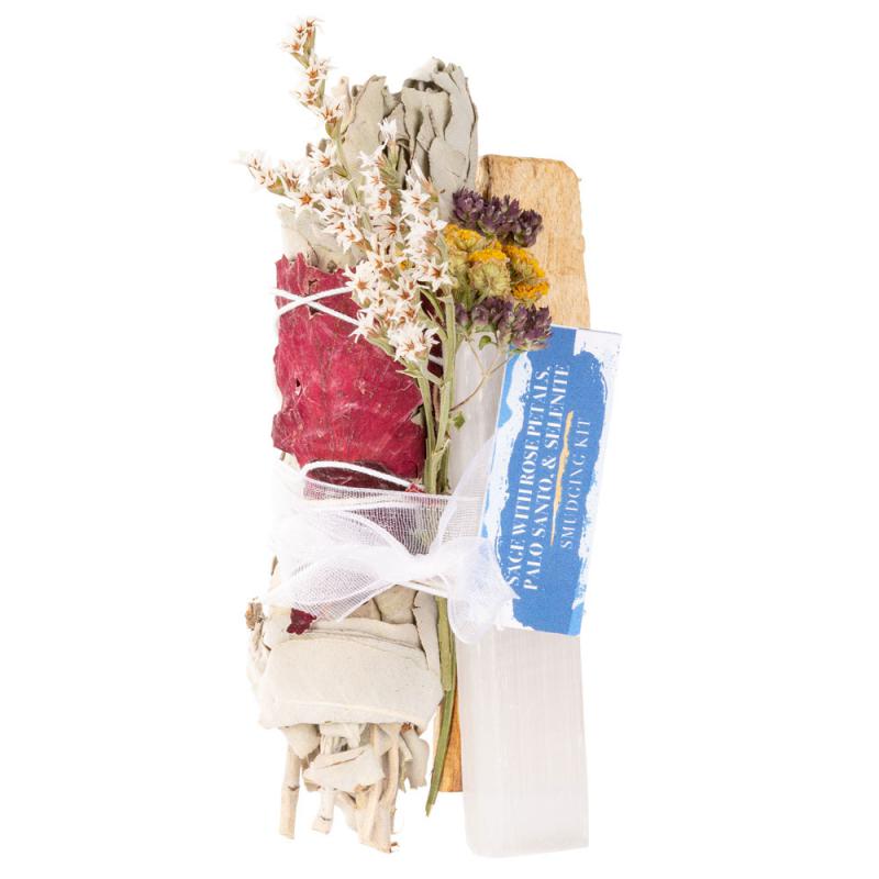 SAGE WITH ROSE PETALS, PALO SANTO, AND GEMSTONE SMUDGE KITS