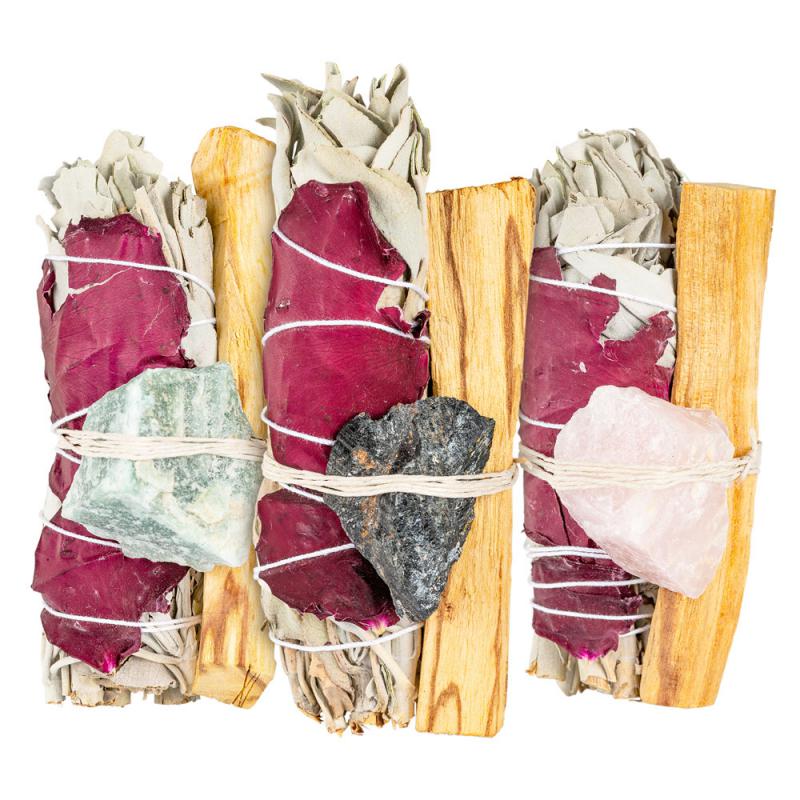 ROSE PETALS SAGE BUNDLE W/ GEMSTONE AND PALO SANTO