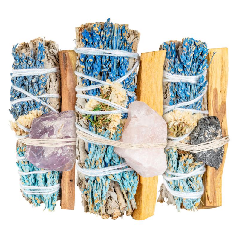 SAGE AND BLUE FLOWERS BUNDLE W/ GEMSTONE AND PALO SANTO