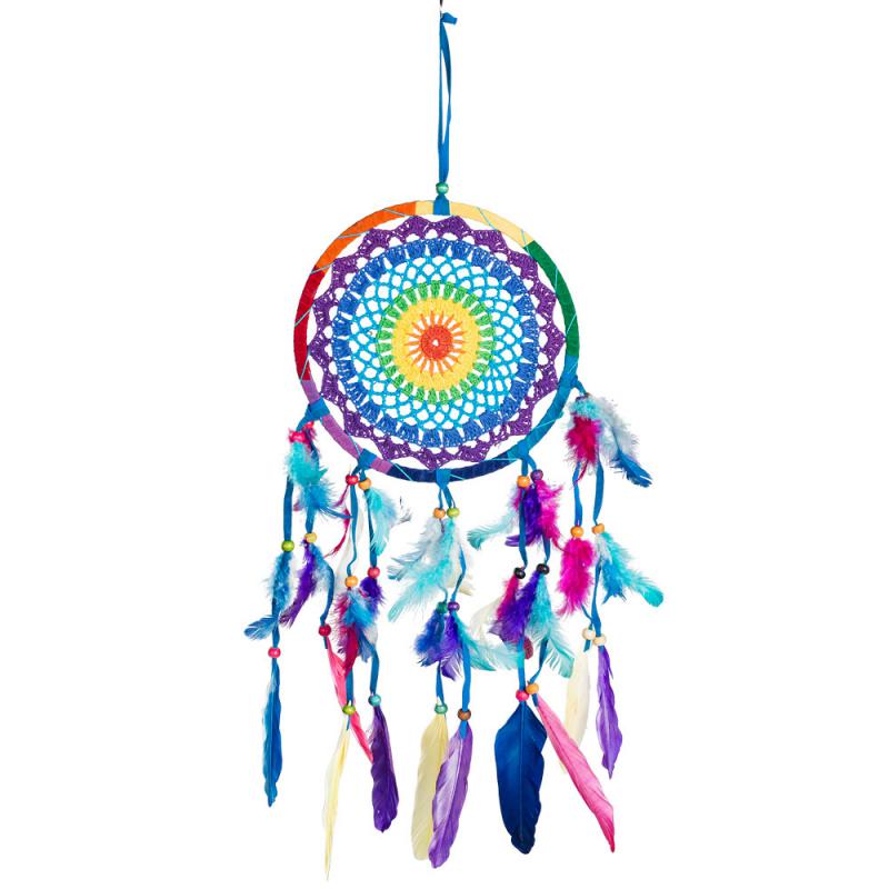 CROCHET RAINBOW DREAMCATCHER WITH FEATHERS AND WOODEN BEADS