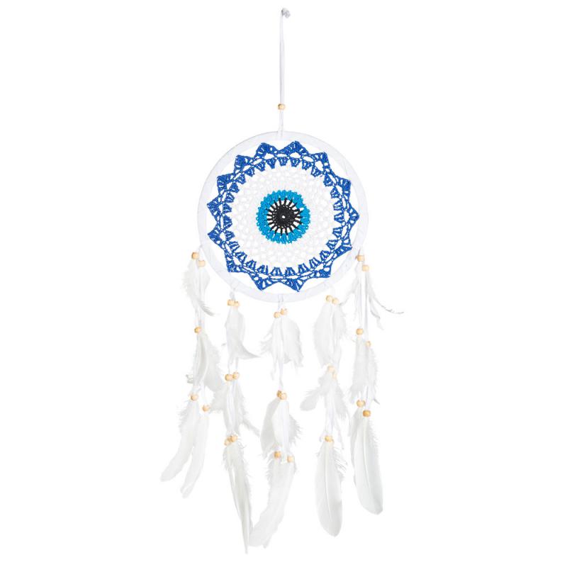 CROCHET EVIL EYE DREAMCATCHER WITH FEATHERS AND WOODEN BEADS