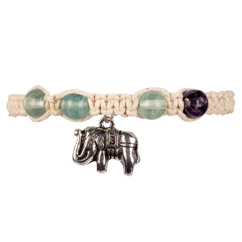 ELEPHANT CHARM HEMP BRACELET WITH GREEN FLOURITE BEADS