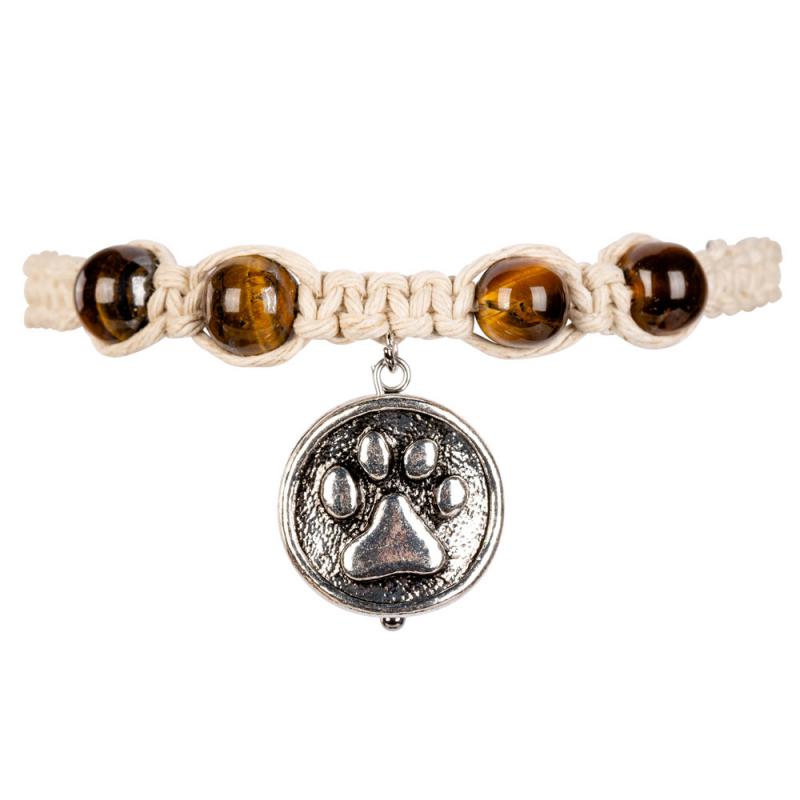 PAW PRINT CHARM HEMP BRACELET WITH TIGER EYE BEADS