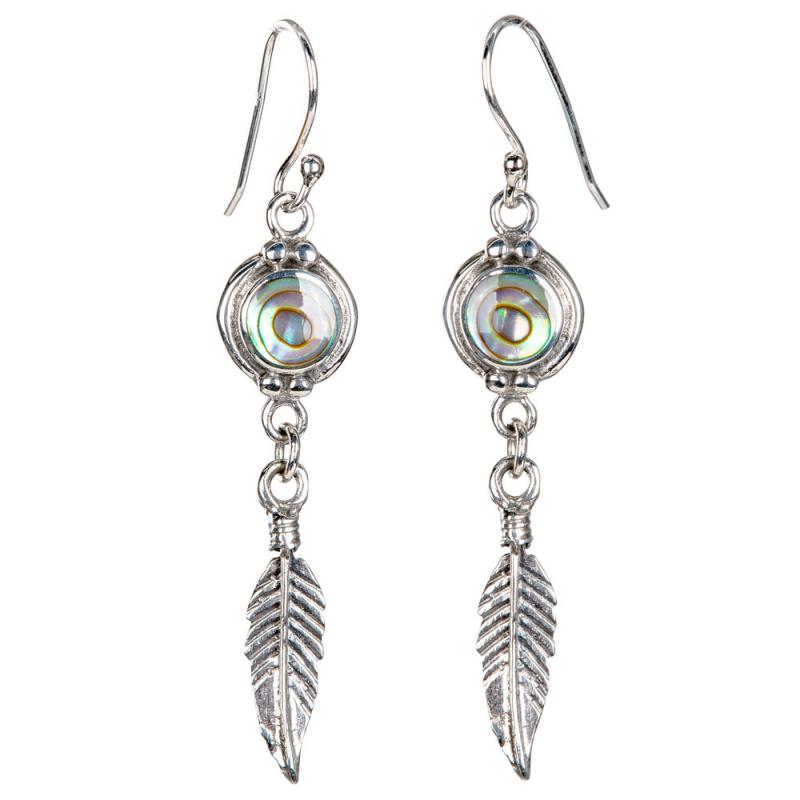 SILVER ABALONE SHELL EARRINGS WITH FEATHER