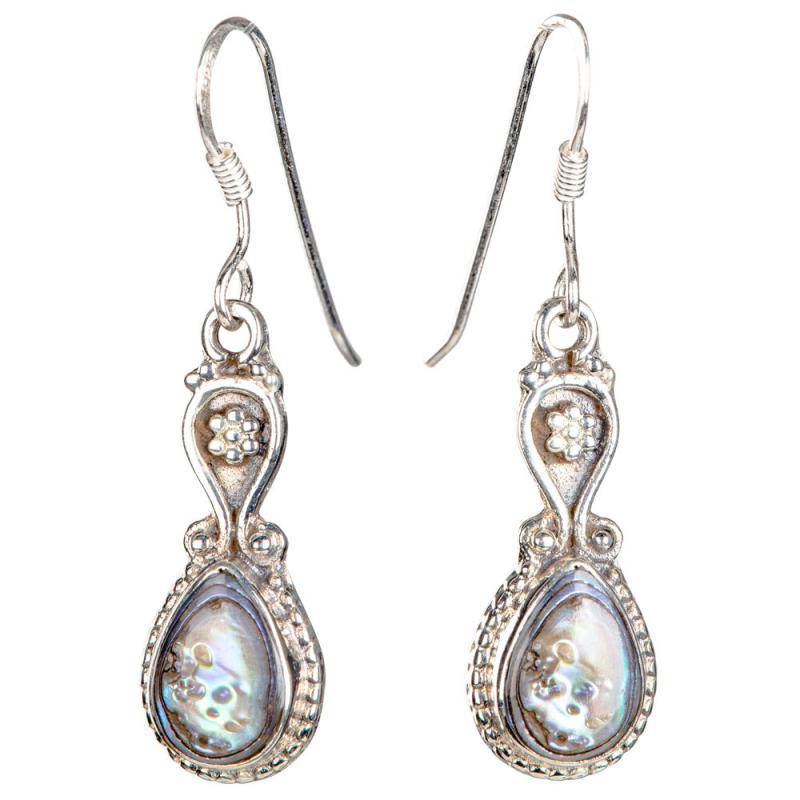 SILVER ABALONE SHELL FILIGREE TEAR DROP EARRINGS