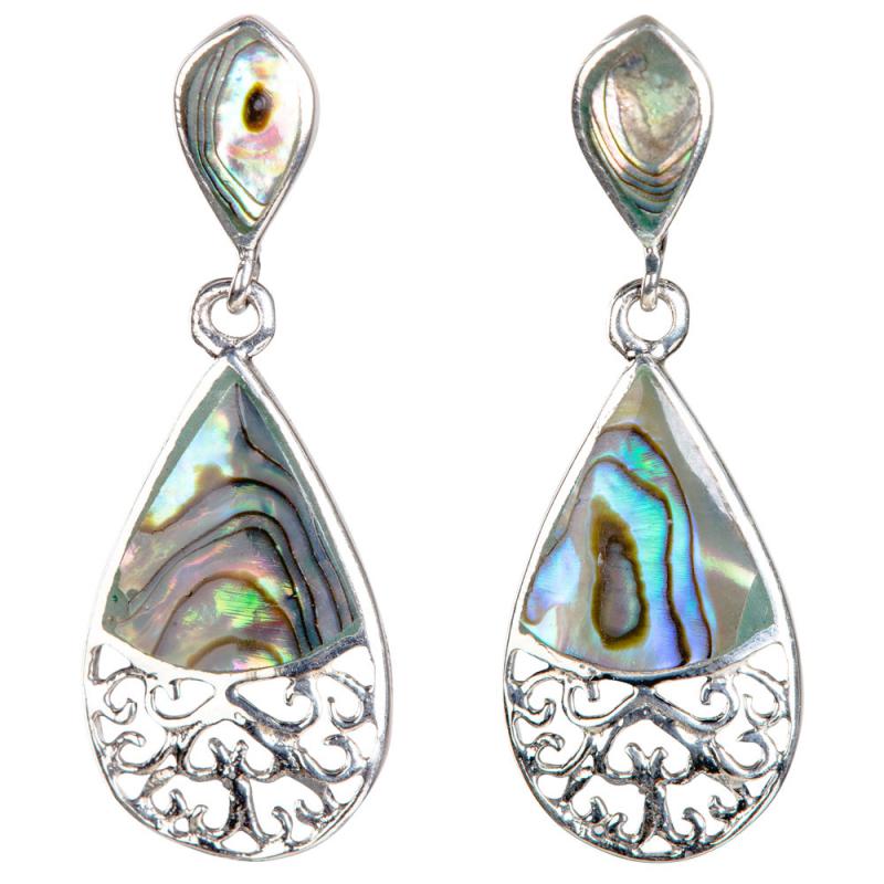 SILVER ABALONE SHELL TREA DROP WITH FILIGREE EARRINGS