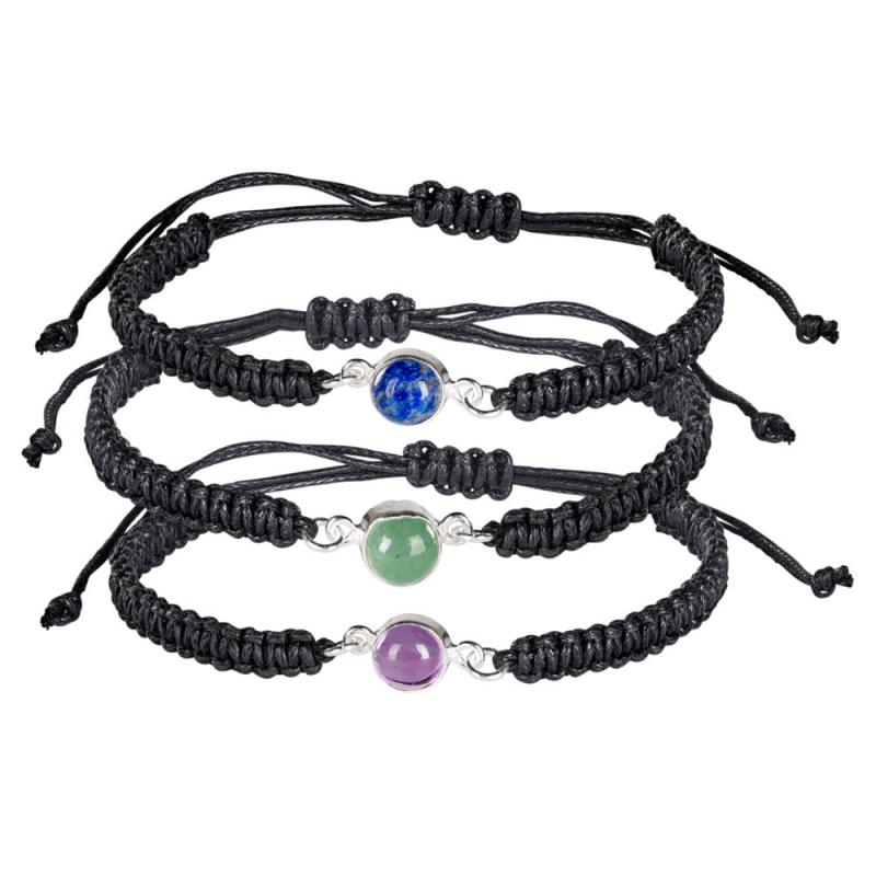 STERLING SILVER PULL TIE BLACK CHORD BRACELET WITH GEMSTONE