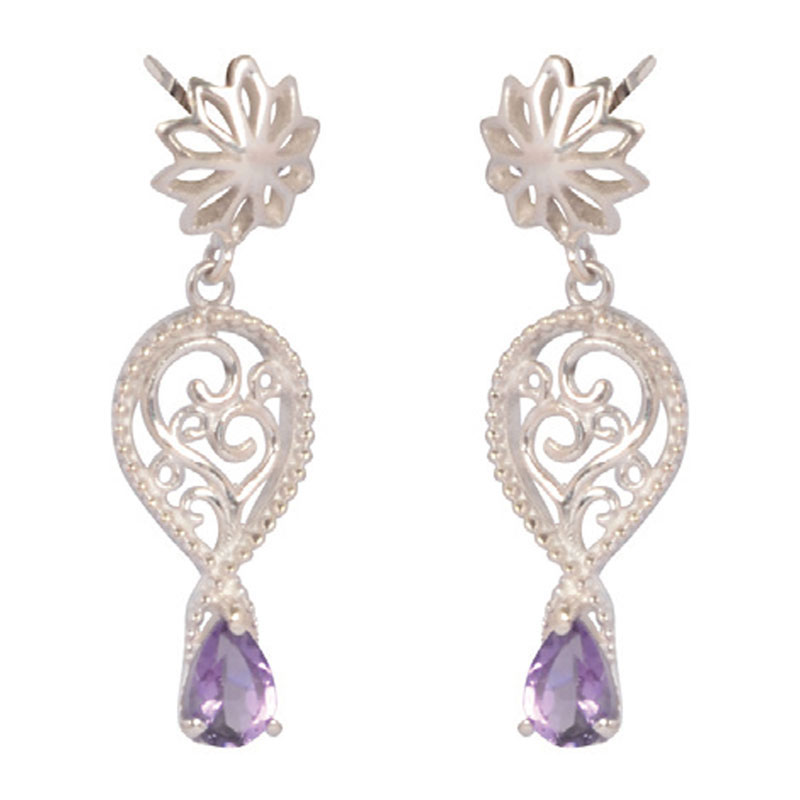 FILIGREE FLOWER EARRINGS WITH AMETHYST TEARDROP STONE