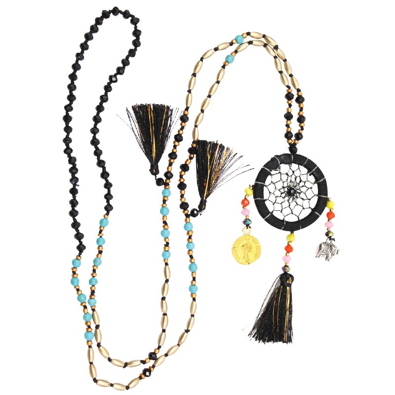 BLACK TURQUOISE AND GOLD DREAMCATCHER NECKLACE WITH TASSELS