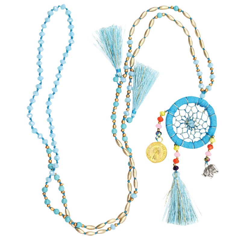 LIGHT BLUE TURQUOISE AND GOLD DREAMCATCHER NECKLACE WITH TASSELS