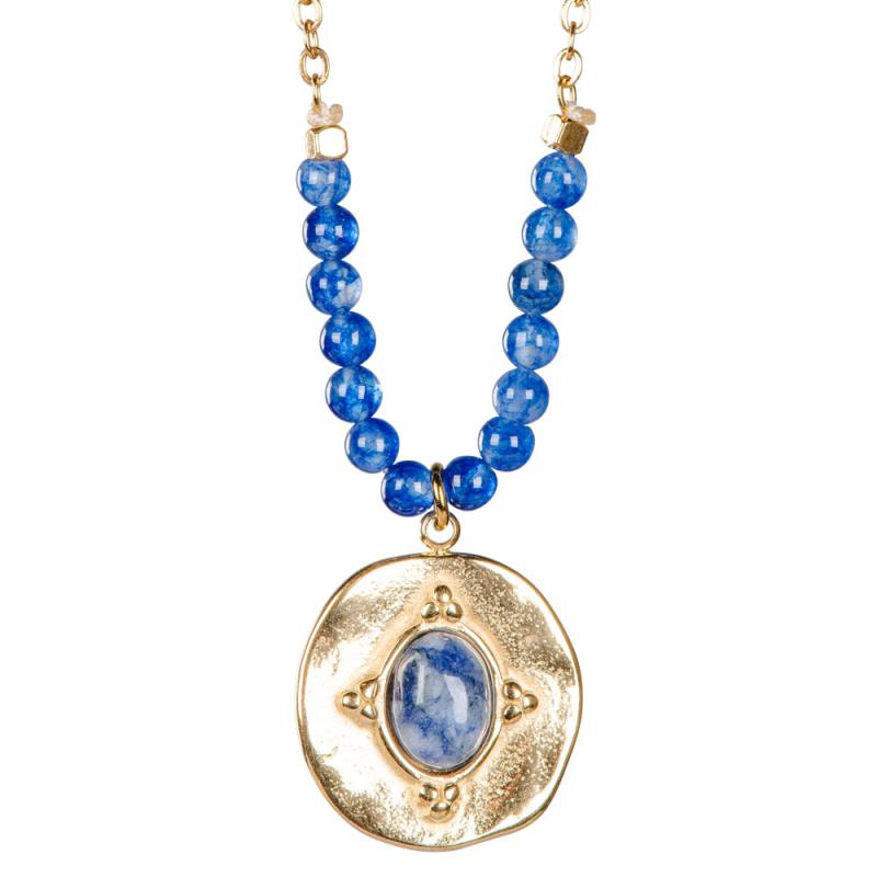 GOLD TONES NECKLACE WITH LAPIS BEADS AND PENDANT