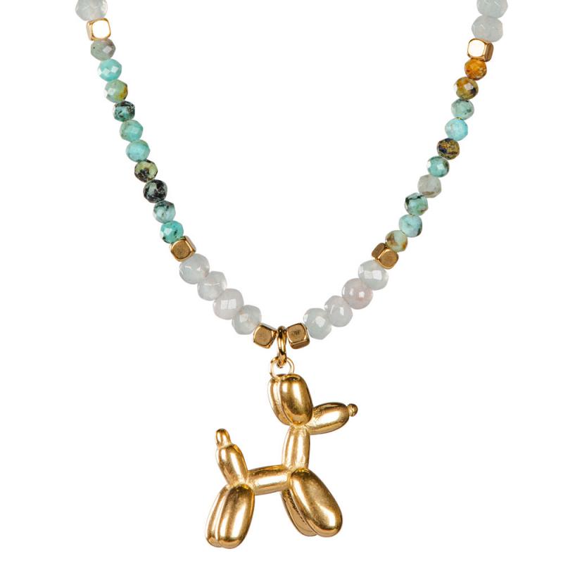 MIXED STONES NECKLACE WITH DOG CHARM AND TURQUOISE, OPALITE, AND GOLD BEADS