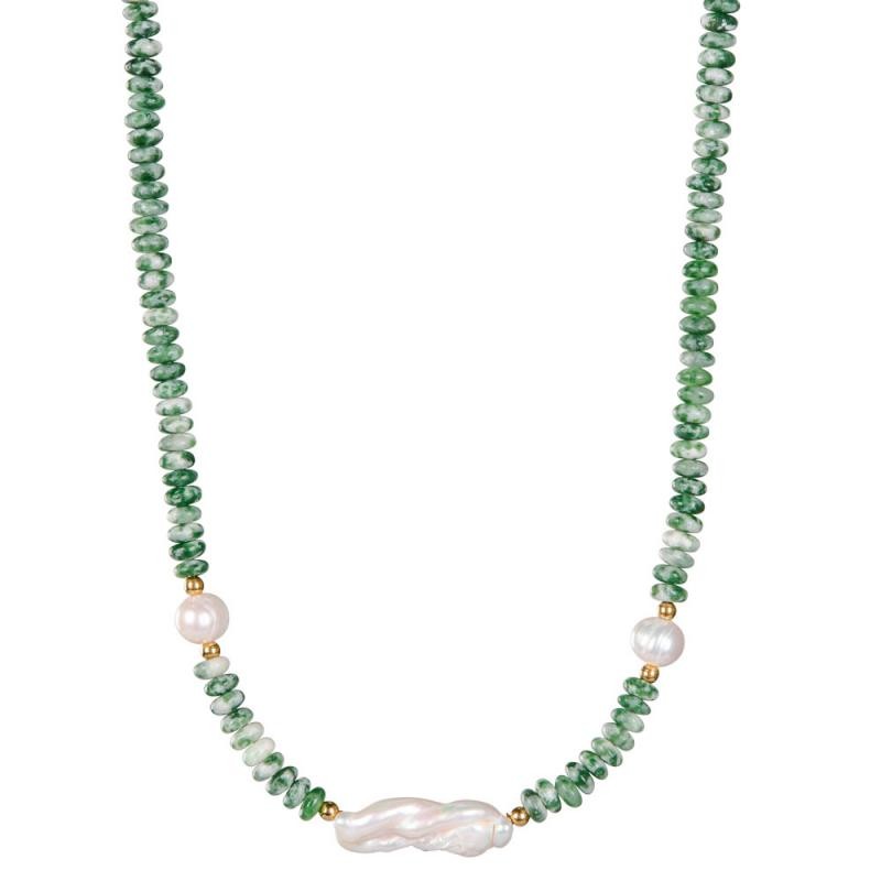 MOSS AGATE BEADED NECKLACE WITH PEARLS