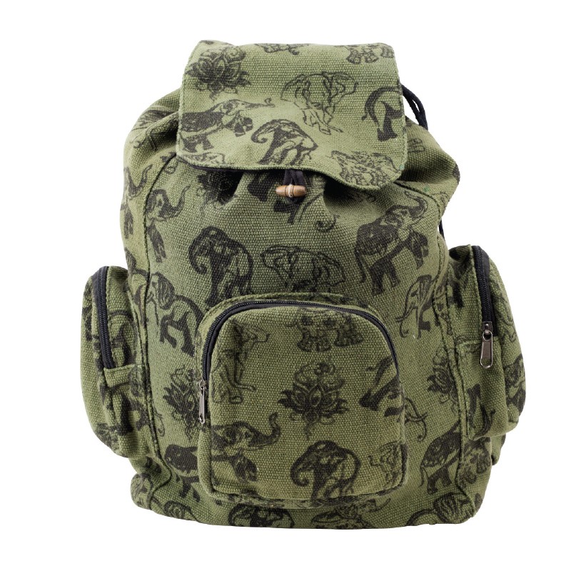 GREEN BACKPACK WITH BLACK ELEPHANTS