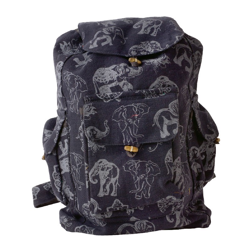 BLACK BACKPACK WITH WHITE ELEPHANTS