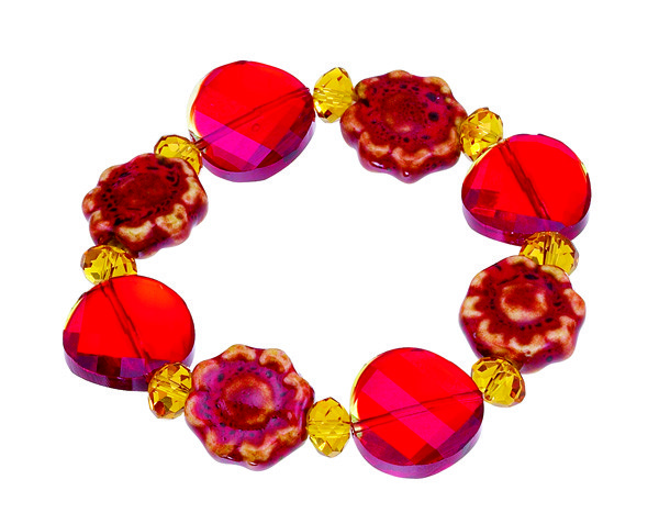 RED CERAMIC & GLASS FLOWER STRETCH BRACELET