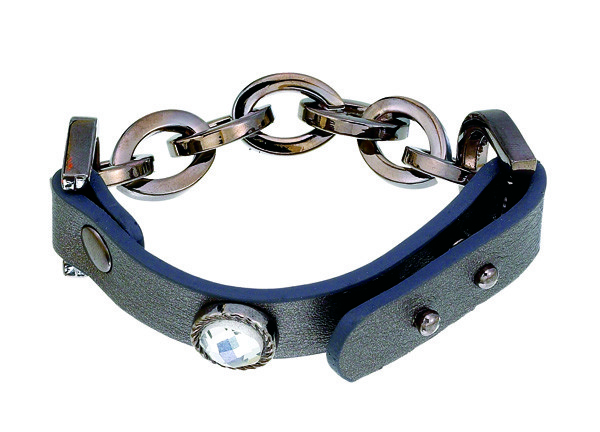 FAUX LEATHER BRACELET WITH PEWTER CHAIN