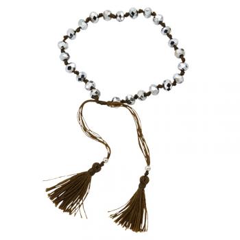 PEWTER CRYSTAL BEADED BRACELET WITH TASSEL