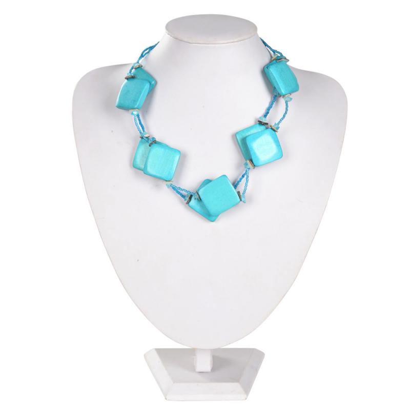 SQUARE WOOD BEAD NECK BLUE