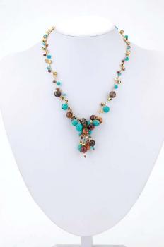 TURQUOISE & TIGER EYE NECKLACE ON GOLD SILK
