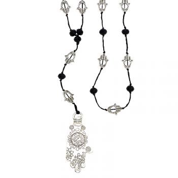 SILVER HAMSA/BK BEAD NECKLACE