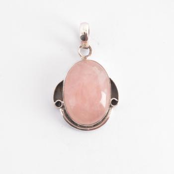 LARGE SCROLL OVAL SILVER ROSE QUARTZ PENDANT