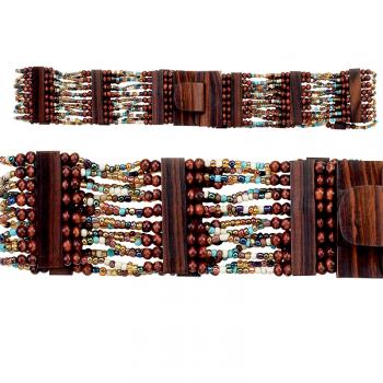 TURQUOISE & GOLD BEAD & WOOD BUCKLE BELT