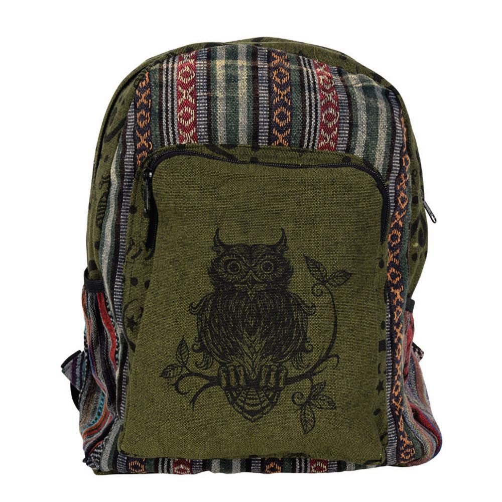 GREEN STRIPE OWL CANVAS BACKPACK