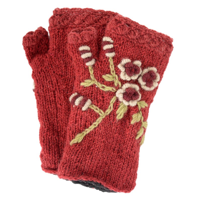 RED FLOWER KNIT HAND WARMERS