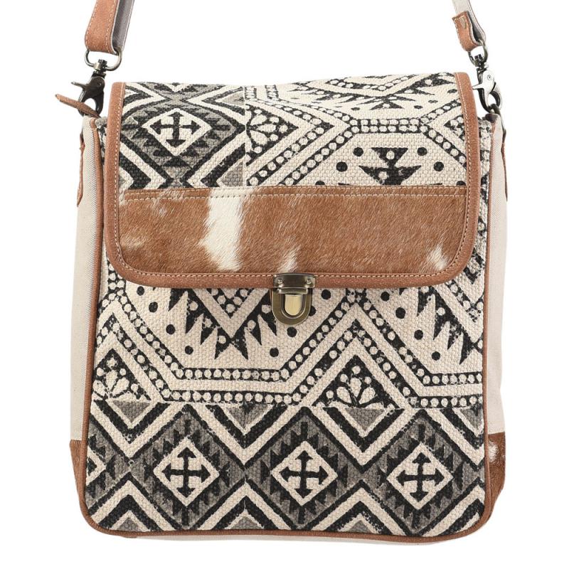 BLACK AND BROWN PATTERN CROSSBODY WITH TUCK LOCK CLOSURE