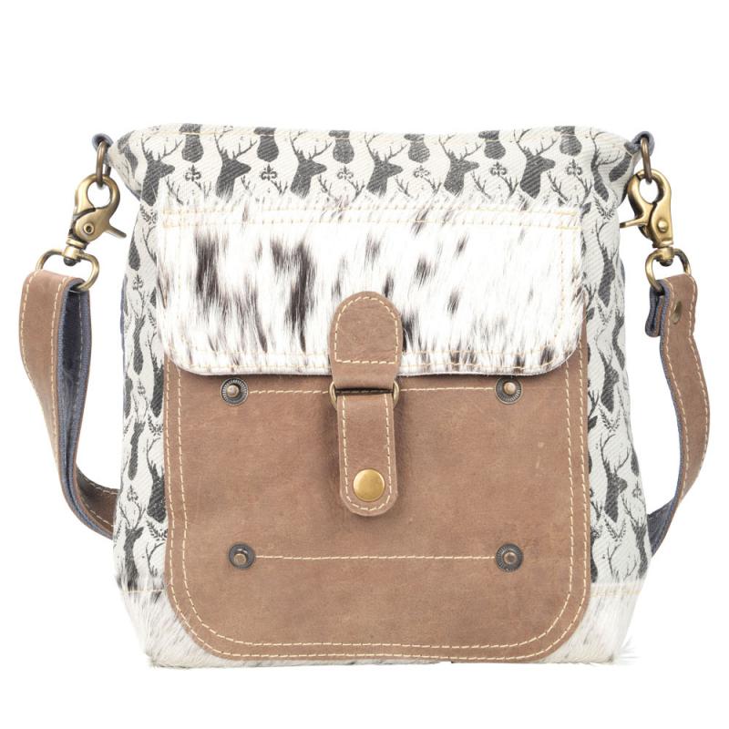 DEER PRINT CANVAS SHOULDER BAG WITH COWHIDE POCKET